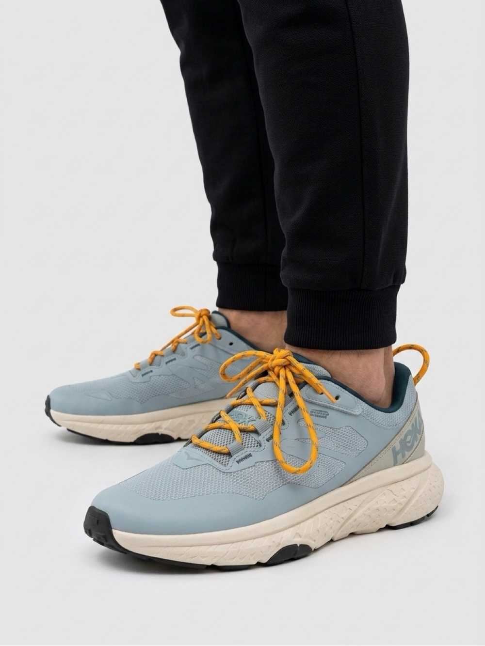 Hoka Light Blue Trail Running Men Sneakers with Mustard Laces